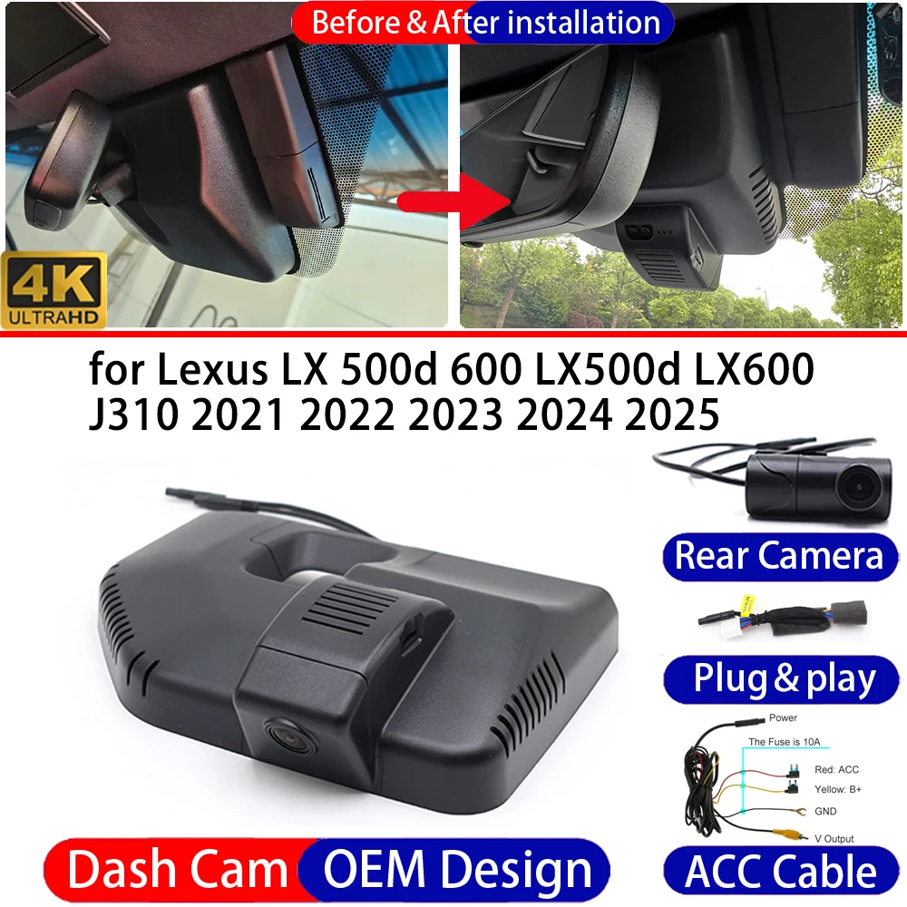 Dash Cam for Lexus LX 500d 600 LX500d LX600 J310 2021-2025 Front＆Rear 4K UHD DVR Dashboard Camera Video Recorder Parking Mode