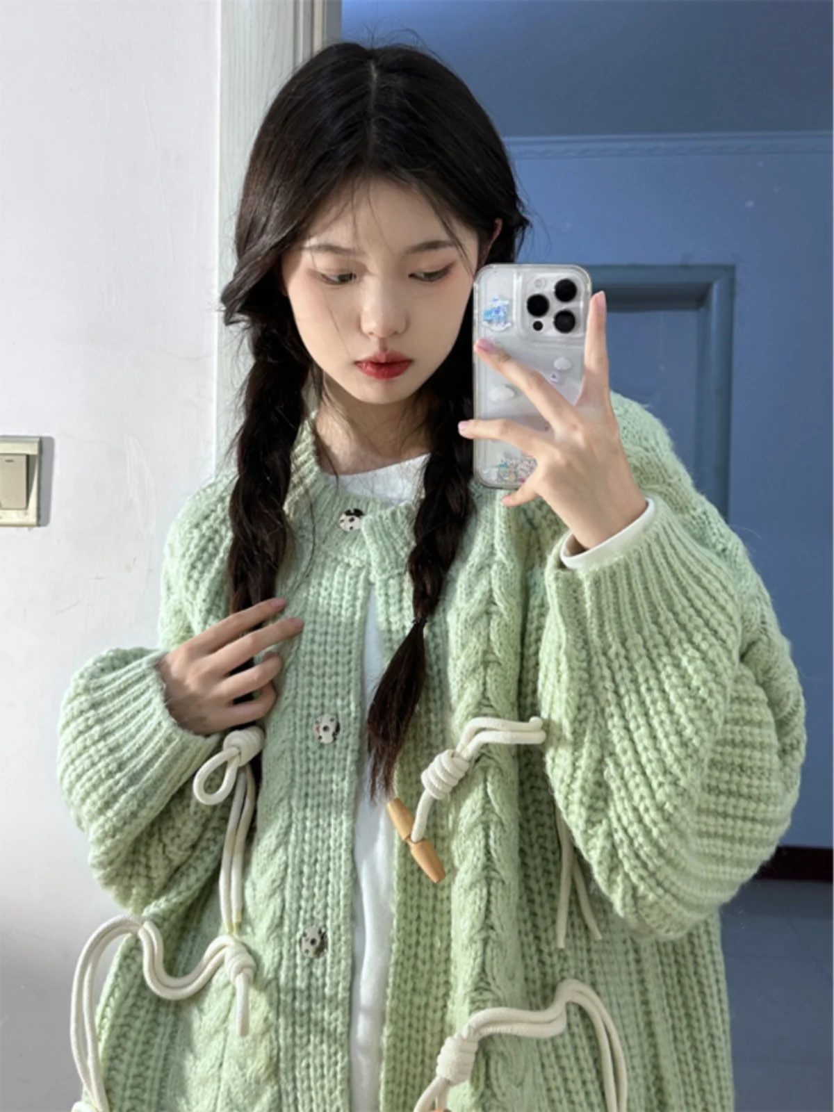 

Весна 2024, женский вязаный свитер Lazy Sle, пальто мятного цвета, вязаный открытый кардиган, дизайн Sense, пуговица с бычьим рогом, полиэфирное волокно