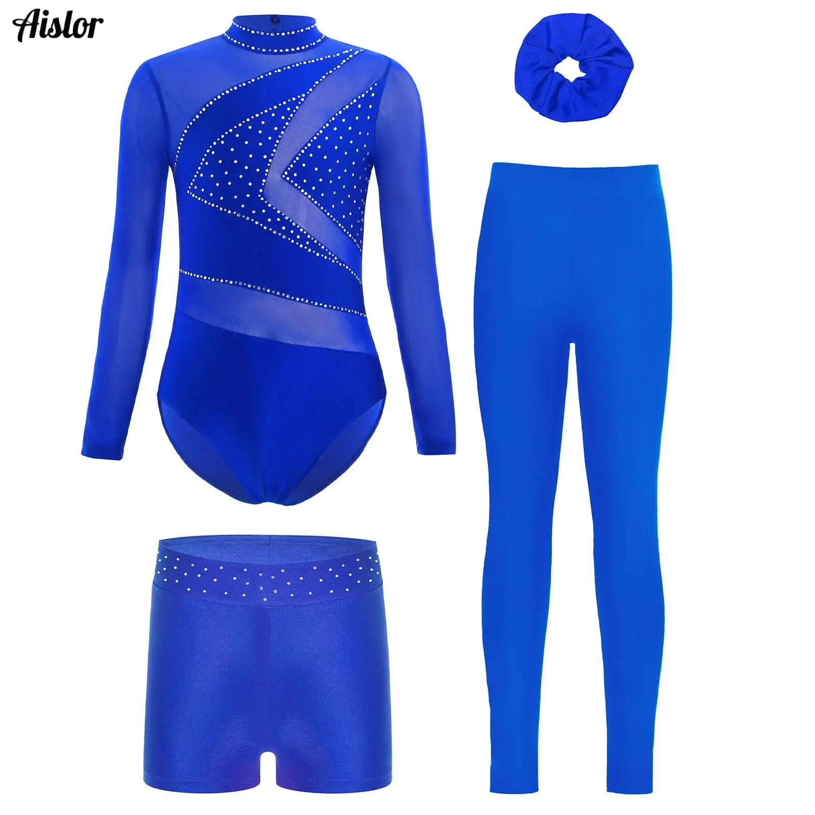 

4Pcs/Set Kids Girls Gymnastics Figure Skating Costume Sheer Mesh Long Sleeve Shiny Rhinestones Leotard+Shorts+Leggings+Hairband