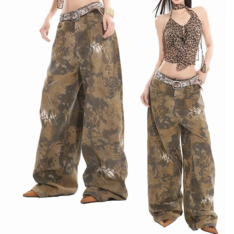 

Oversized Retro Wide Leg Pants Jeans For Women Chic Camouflage Y2K Low Waist Baggy Jeans Trouser Mens Barrel Jeans Streetwear