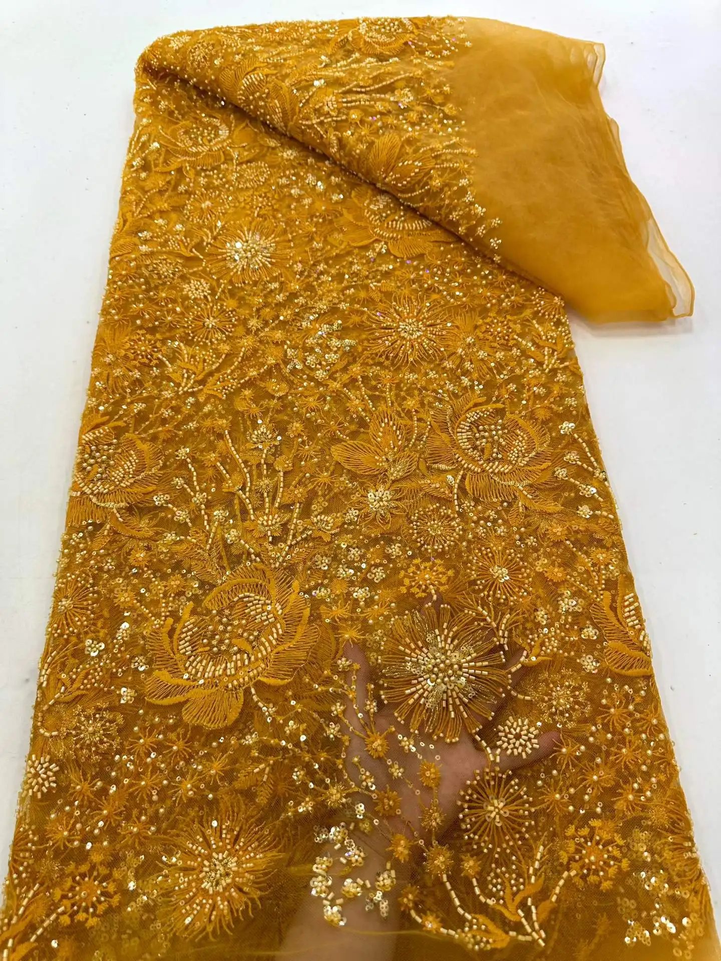 

African Groom Beaded Lace Fabric 2026 High Quality Gold French Nigerian Sequin Lace Fabric for Bridal Wedding Party Dresses