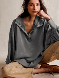 Oversized Women's Sweatshirt Slit Lantern Sleeve Tops Button Lapel Collar Pullovers Loose Sweatshirts Y2K Female's Clothes Fall