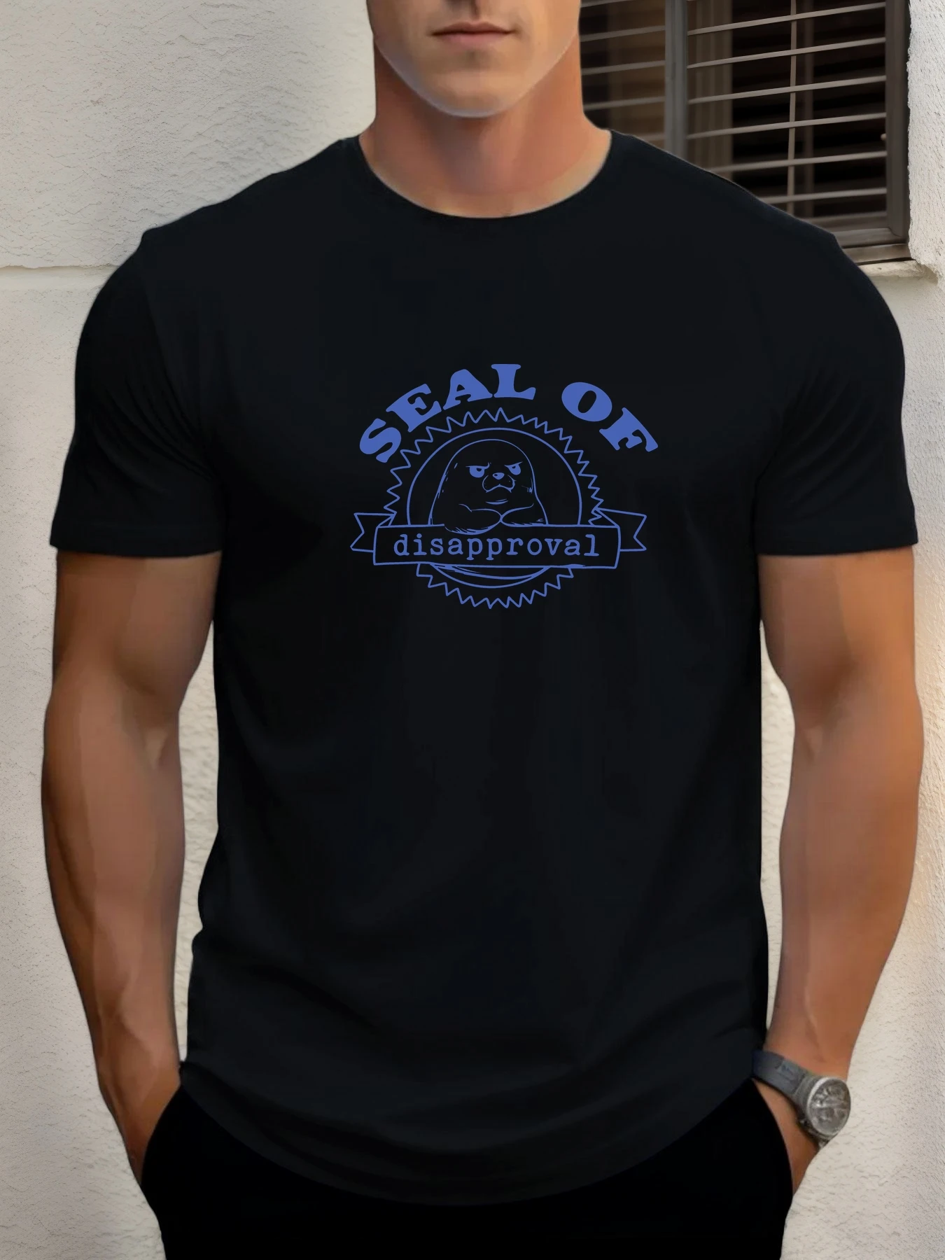 

Man Short Sleeve T-shirt SEAL OF DISAPPROVAL Print Summer Round Neck Oversized Tee Casual Fashion High Quality Clothing