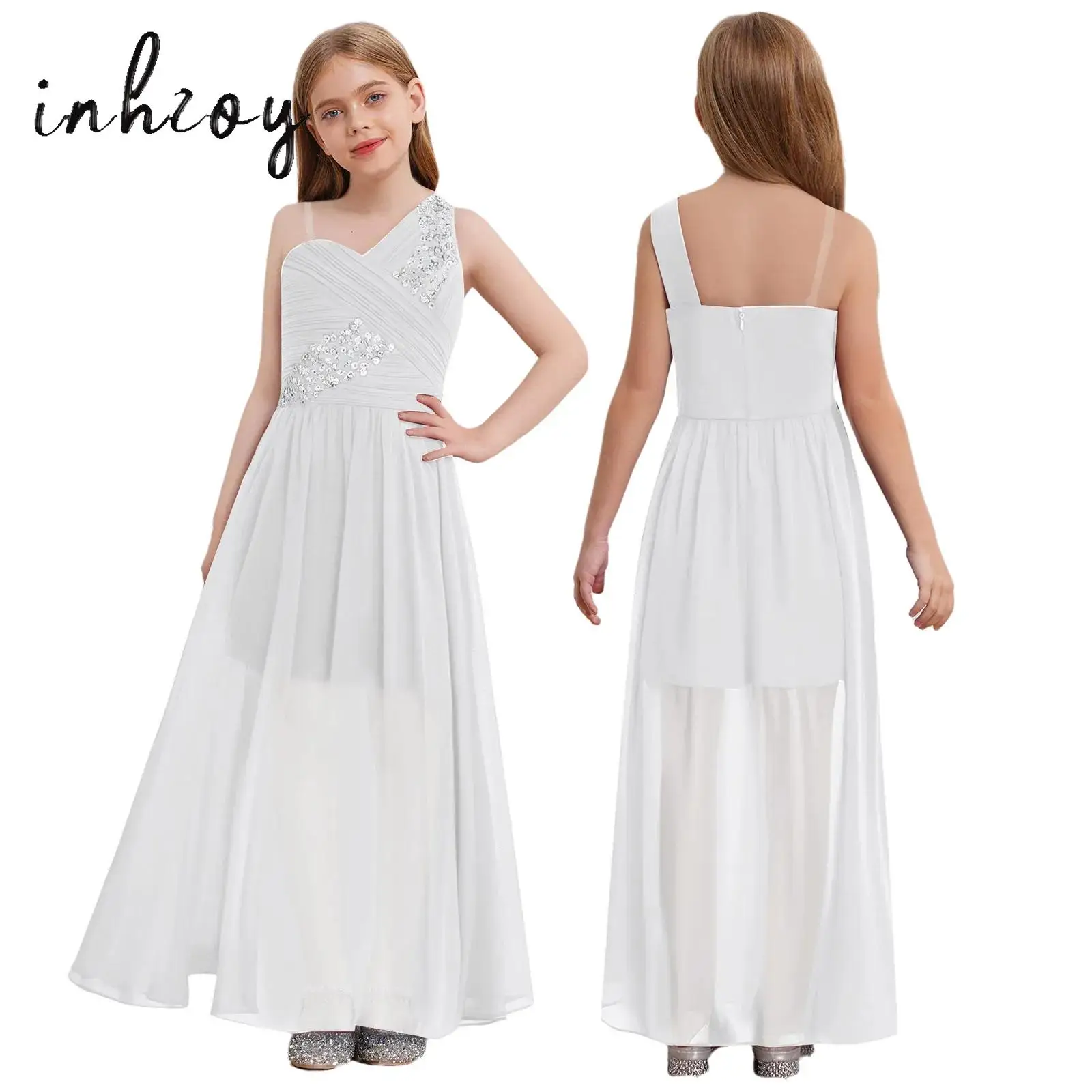

Kids Flower Girls Summer Chiffon Princess Dress Sequins Asymmetric Shoulder Side Split Long Dresses Wedding Party Gowns