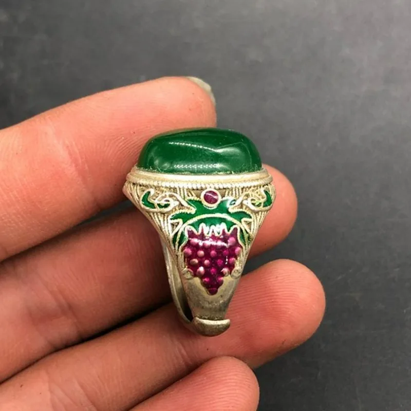 Vintage Grape Design Copper Ring, Inlaid Green Beads Adjustable Open Band, Antique Collectible Unisex Jewelry