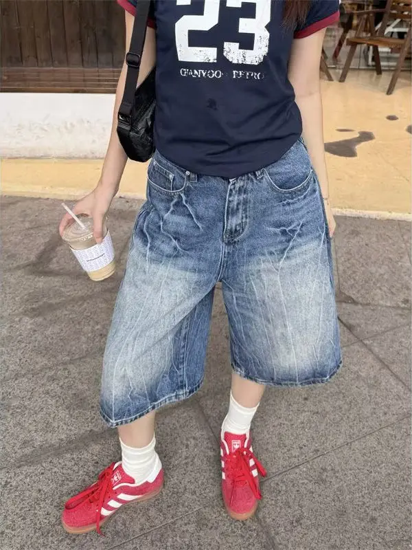 

Мужские джинсовые шорты в американском ретро-стиле, прямые, свободные, широкие, повседневные, длиной 7/8, летние, в стиле High Street