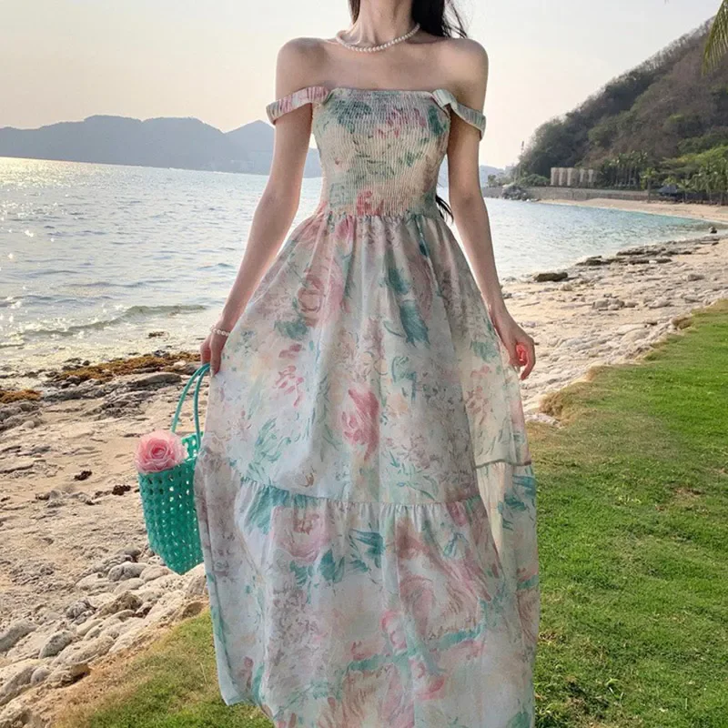Vestido acampanado con estampado Floral francés para mujer, vestido largo ajustado con tirantes y tirantes anchos, diseño de nicho de verano para mujer