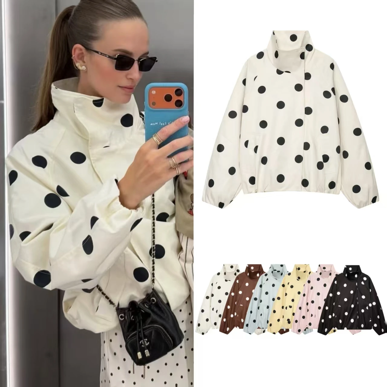 Guobioziy Women's Jacket 2026 Fall/Winter New Style Polka Dot Long Sleeve Loose European and American Pilot Parka Trendy
