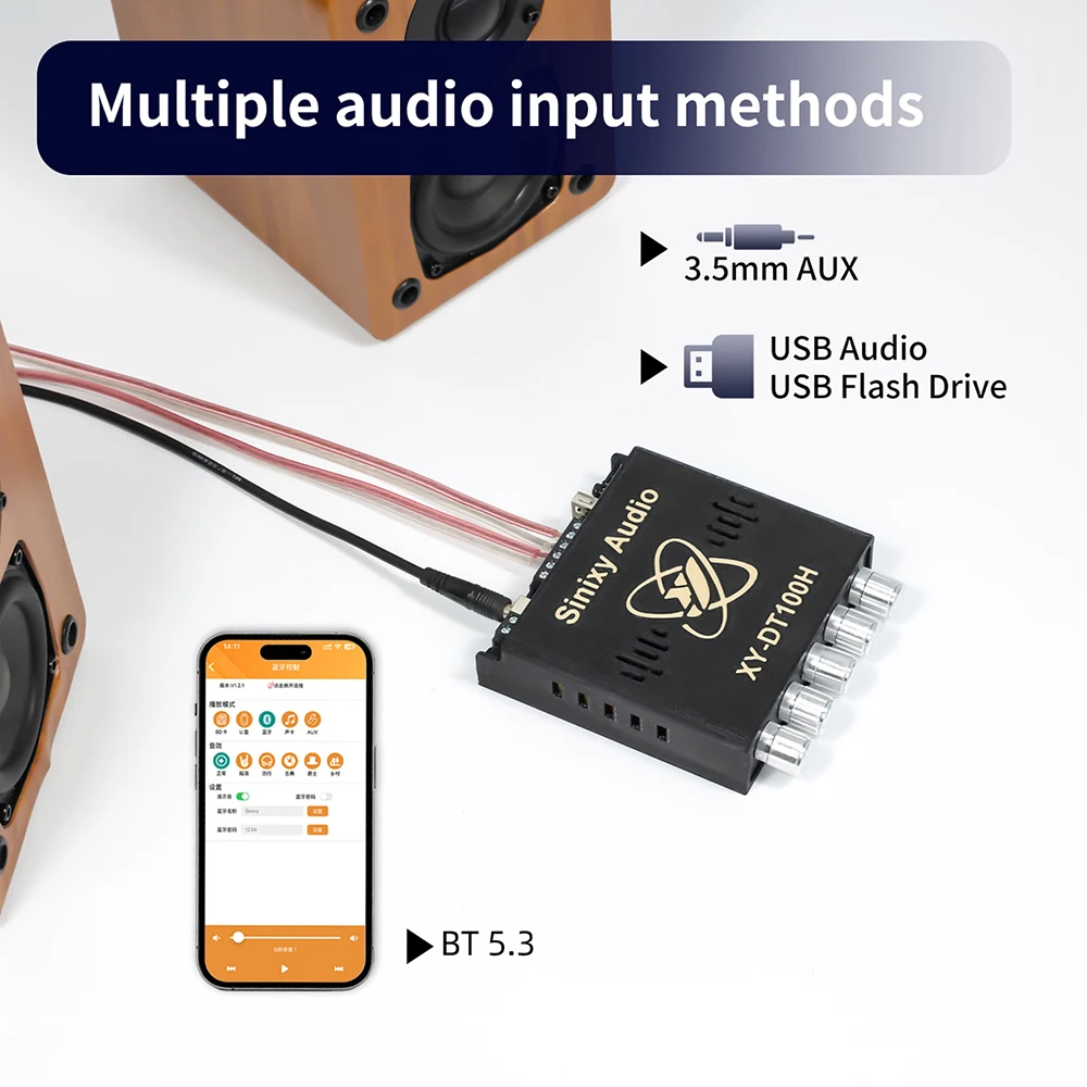 XY-DT100H Bluetooth Digital Amplifier 2.1 Channel Bass Power Module AUX/USB stick TWS App DC 12-24V Audio Amplifier Board