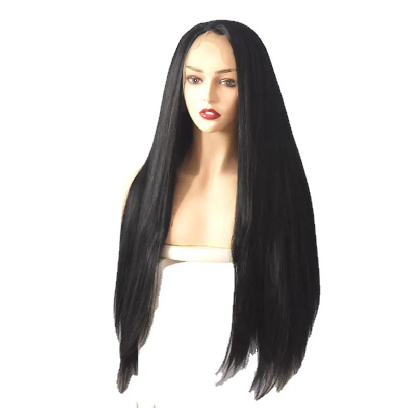 Perruque Lace Front Wig synthétique longue et lisse pour femmes, bonnet de perruque demi-attaché à la main
