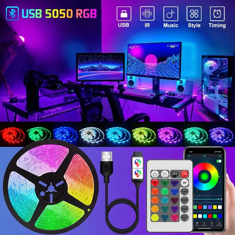 5V USB RGB LED Light Strip, Smart App & 44 Keys Remote Control, Music Sync Color Changing Lights for Bedroom Cabinet Decor