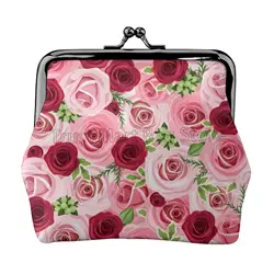 Pink Red Rose Print Leather Coin Purse Small Kiss-Lock Change Pouch Clasp Closure Buckle Wallet for Women Girls Wife Gifts