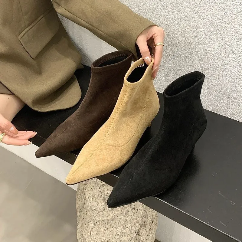 French Pointed Thin Heel Suede Elastic Sleeve Women's Short Boots 2026 New Retro Elastic Versatile Thin Short Boots Women