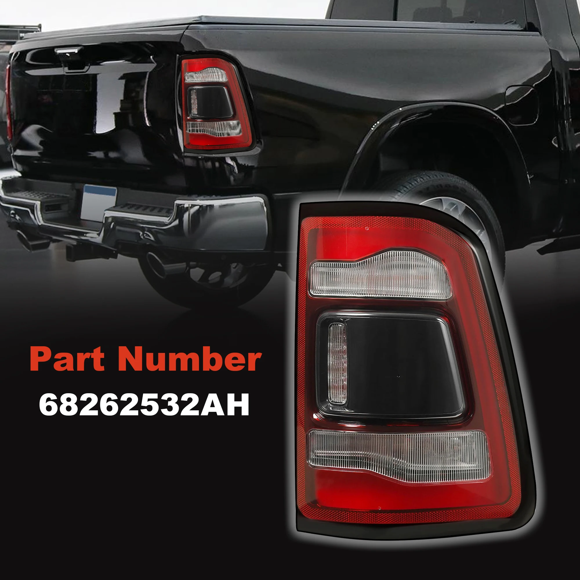 1 Pcs Car Taillights With Blind Spot Monitoring, Right Side, Black Background. For 2019-2023 Dodge RAM 1500 68262532AH