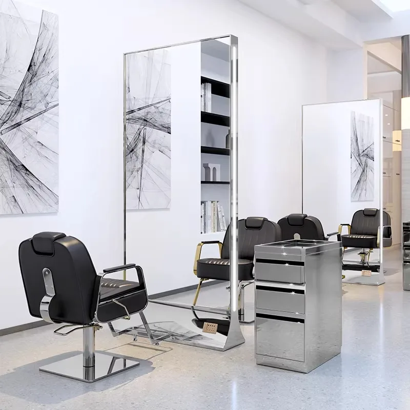 3 Mirrors Set, Salon Hairdressing Mirror with Dyeing Area, Freestanding Double-Sided Design