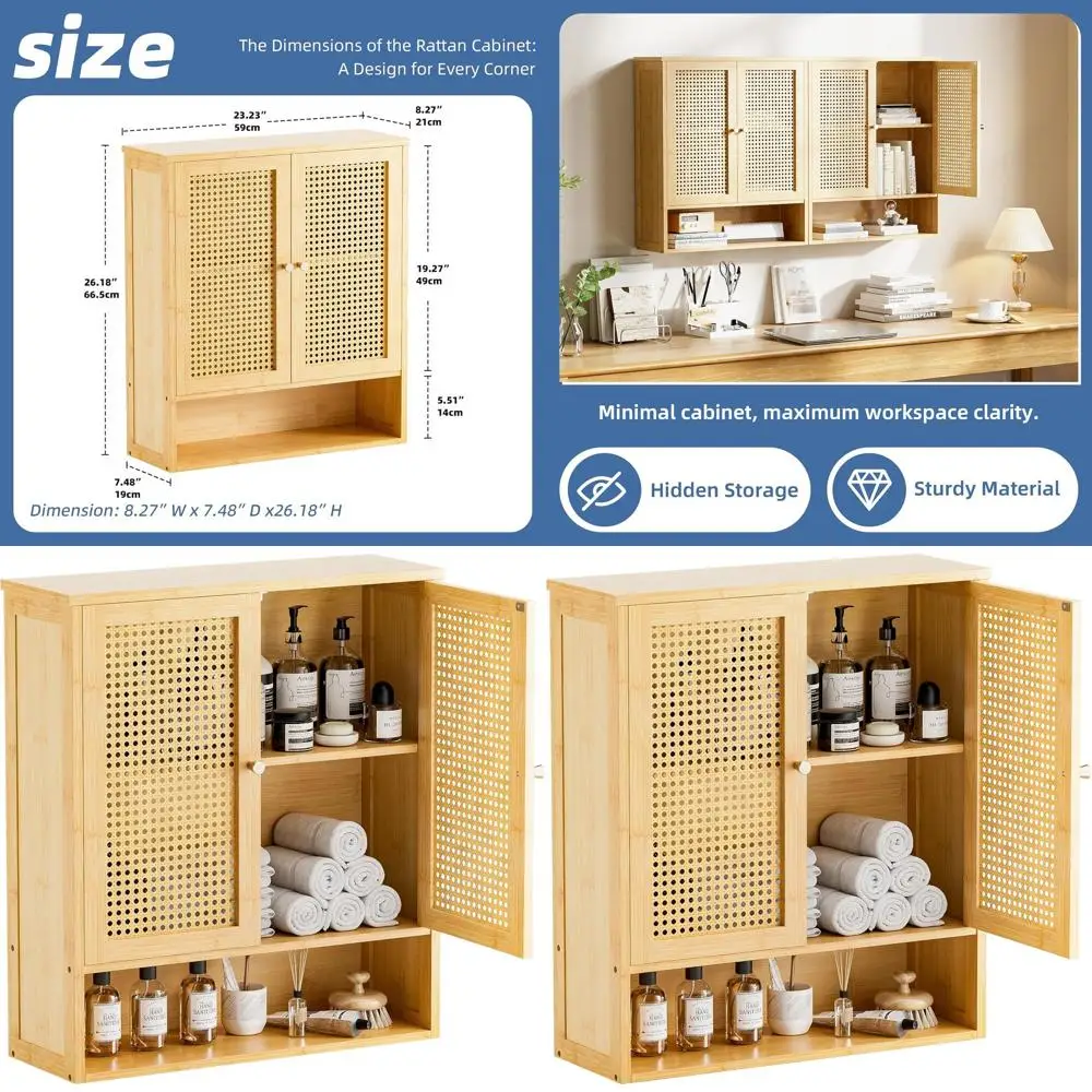 

Wall-Mounted Rattan Medicine Cabinet with Bamboo Storage Organizer and Adjustable Shelf for Over-the-Toilet Use in Living Room,
