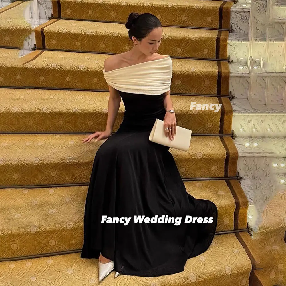 

Fancy Elegant White And Black Evening Dress A Line Short Sleeve Prom Gown Floor Length Back Zip Customized