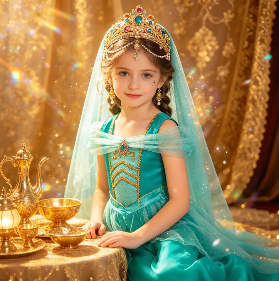 Girls Arabian Party Costume Kids Exotic Princess Jasmine Role Play Set Genie Lamp Crown Jewelry Accessories For Halloween XH42