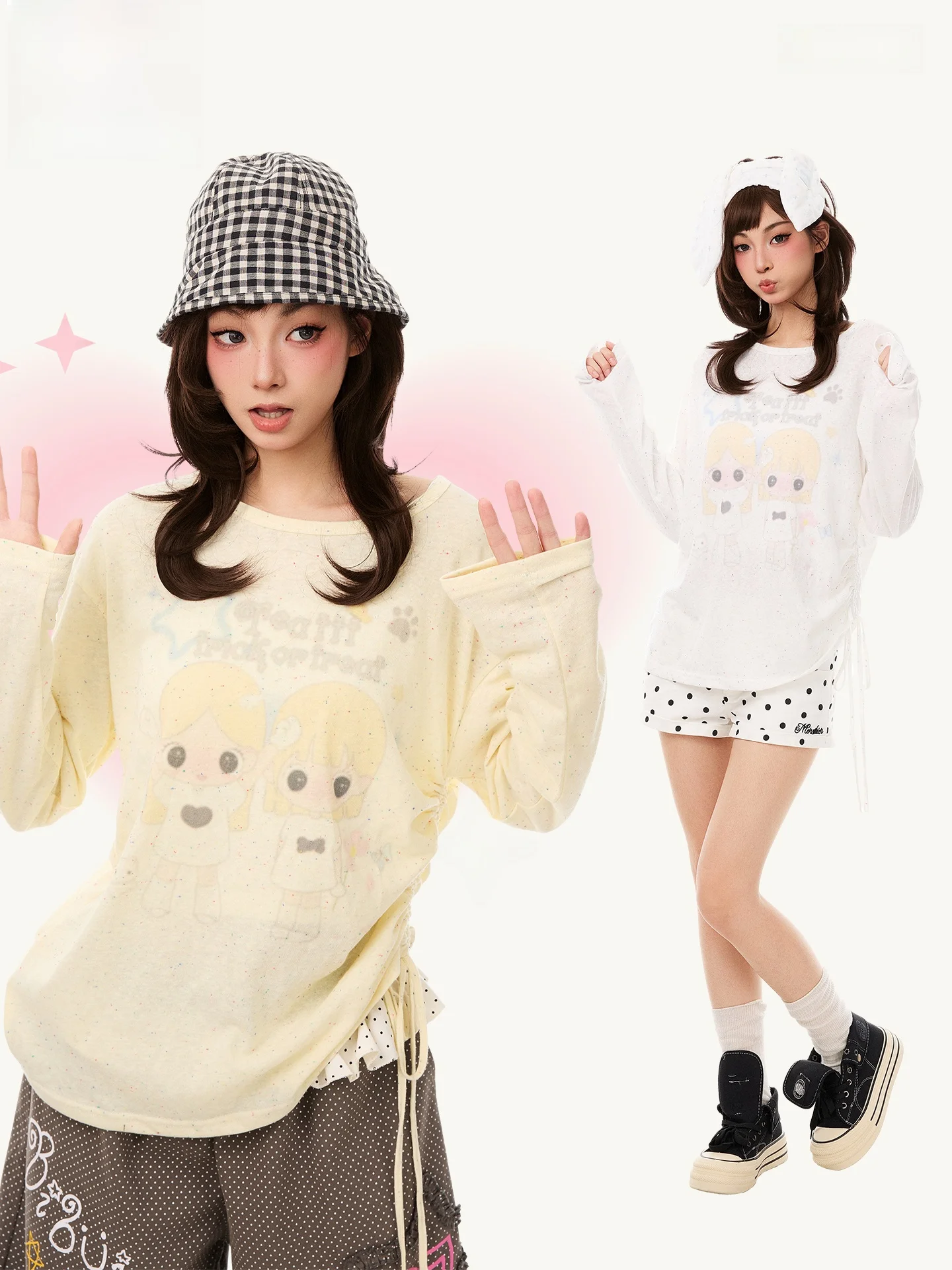 PBB Cartoon Doll Long Sleeve T-Shirt Women's Slimming Apy Style Age Reduction Pleated Micro Transparent Air Conditioning Cove...