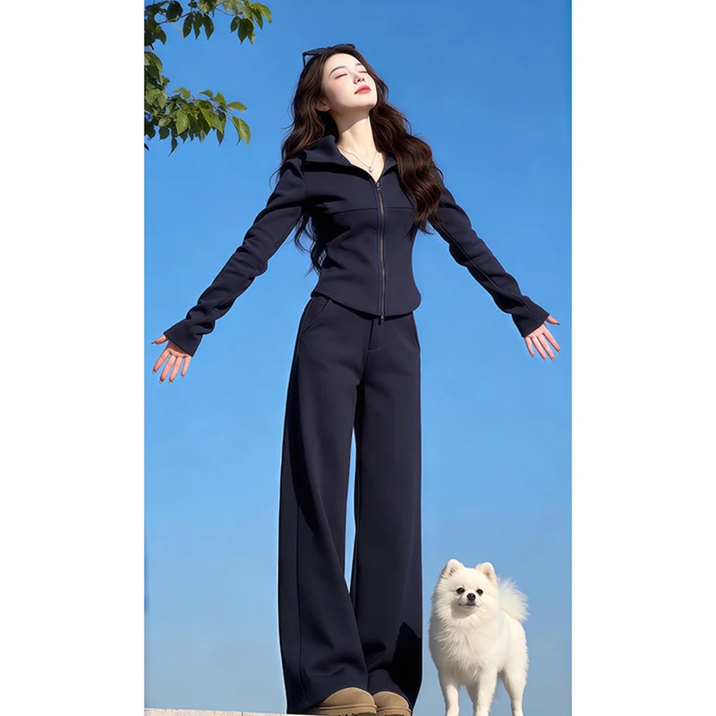 

Anti-Aging 2026 Spring Women's Sporty Hoodie Jacket Wide Leg Pants Two-Piece Set Casual Style Polyester Fiber Short Outerwear