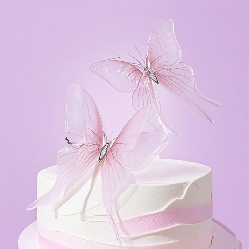 Neuer Doppel-Seiden-Schmetterling Happy Birthday Tortendekoration Rosa Blau DIY Hochzeit Party Cupcake Topper Dessert Geschenk Heimdekoration – Detail 2