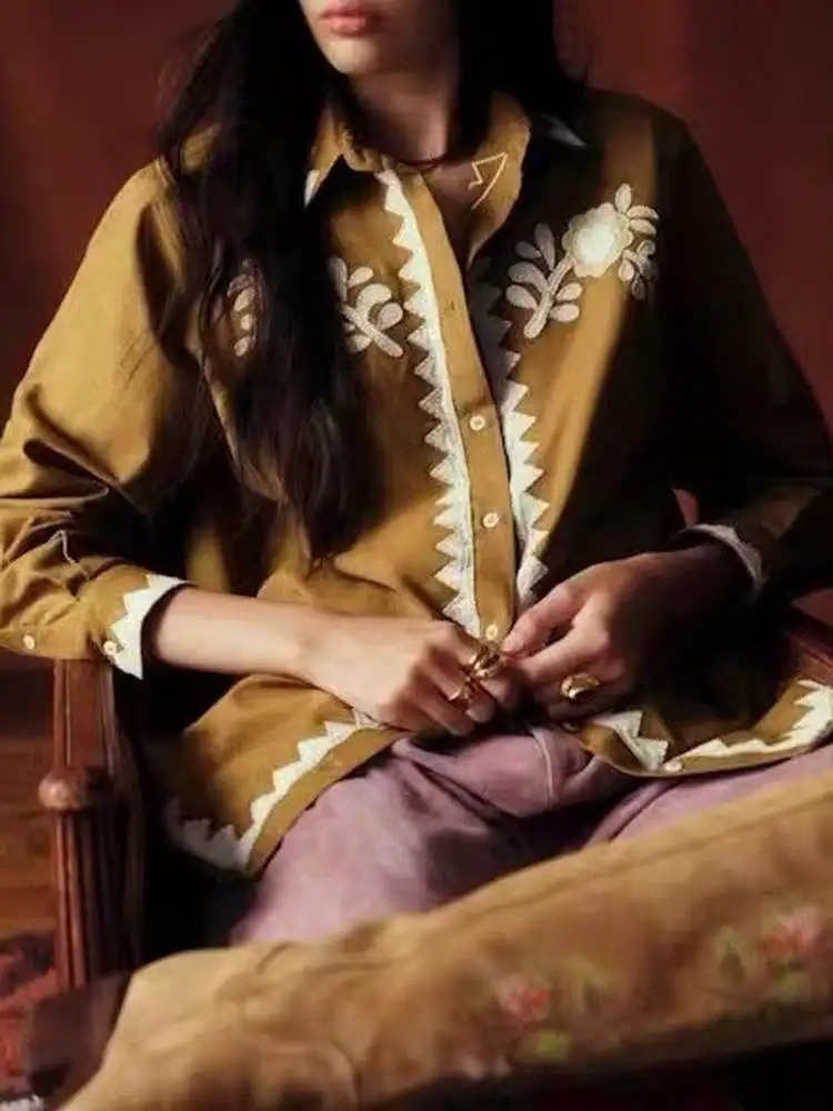 

Retro Floral Patchwork Embroidered Faionable Color Blo Ladies irt Commute Sle Cotton Long Sve Breathable Thin Cotton