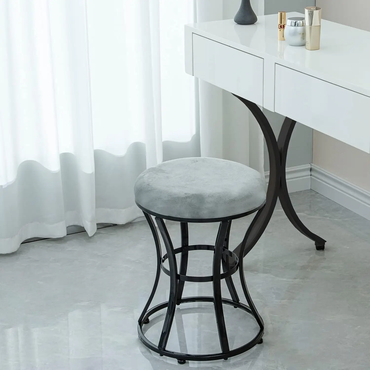 

Vanity Stool Chair, Modern Dressing Stool For Makeup Vanity With Bla Legs - Backl - Ottomans Round Seat, For Makeup Room,
