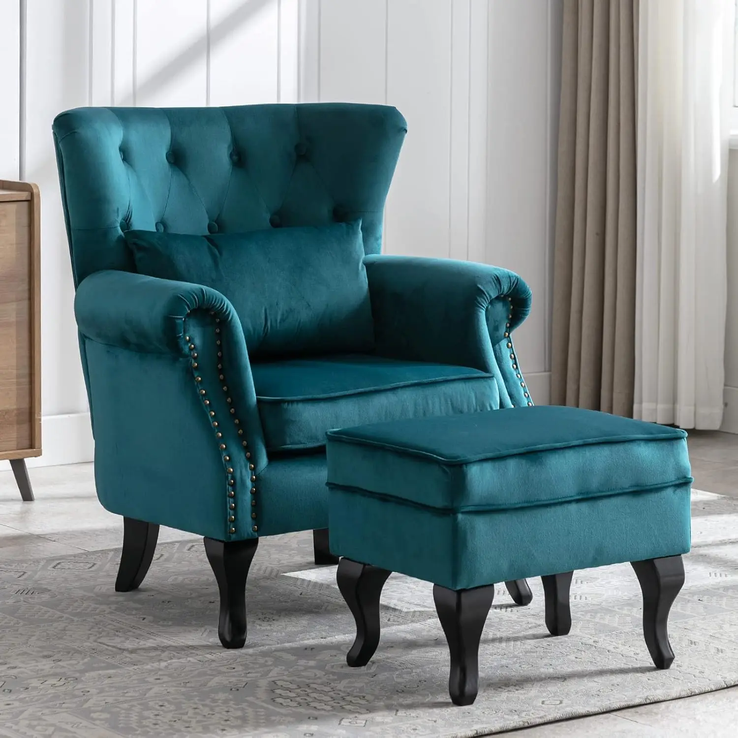 

Mid Century Modern Accent Chair Upholstered Armchair Comfy Velvet Tufted Wingback Single Sofa r Bedroom Living Room Teal