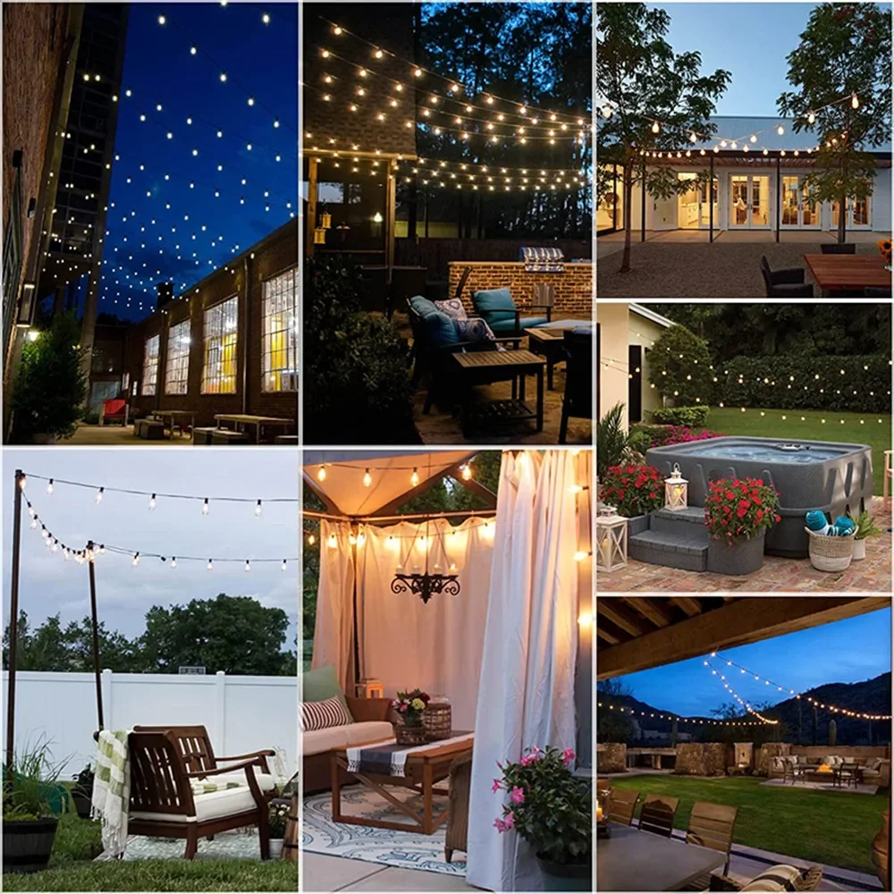 Solar LED String Lights Outdoor ST38 Clear Bulbs Waterproof IP65 8 Modes Remote Control for Garden Patio Wedding