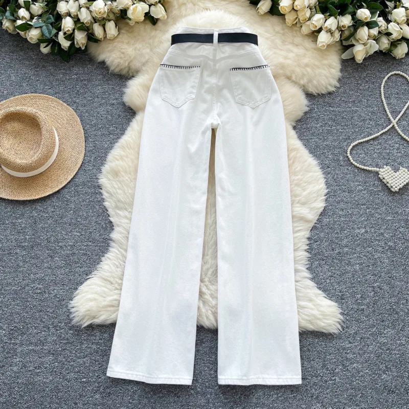 ANJY otoño nuevas mujeres elegantes Jeans Chic bolsillos de cintura alta con cinturón adelgazante High Street Y2K Casual pantalones vaqueros rectos A8826