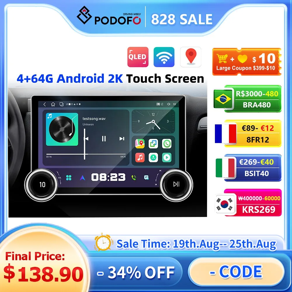 

Podofo 8Core 4+64G Android Car Audio 11.8'' Multimedia Player 2K QLED Screen Carplay Android Auto WIFI&4G GPS 2 Knobs Car Stereo