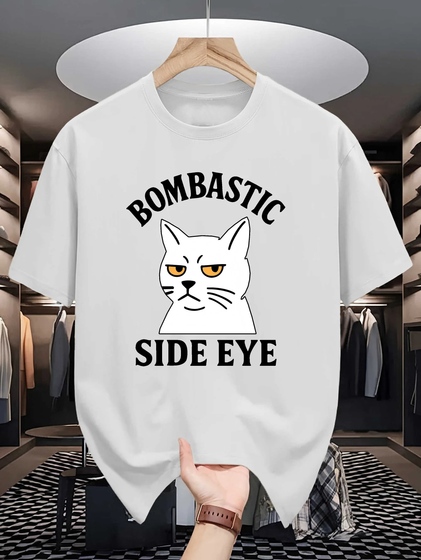 Funny Side Eye White Cat Graphic Mens Crew Neck T Shirt Bombastic Text Print Short Sleeve Casual Cotton Daily Summer Tops