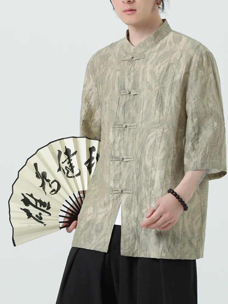 

Ice Silk Men's Summer Thin ort Sve irt New Chinese Sle Youth Faion Tang Suit Hanfu Reform Loose Fit Printed