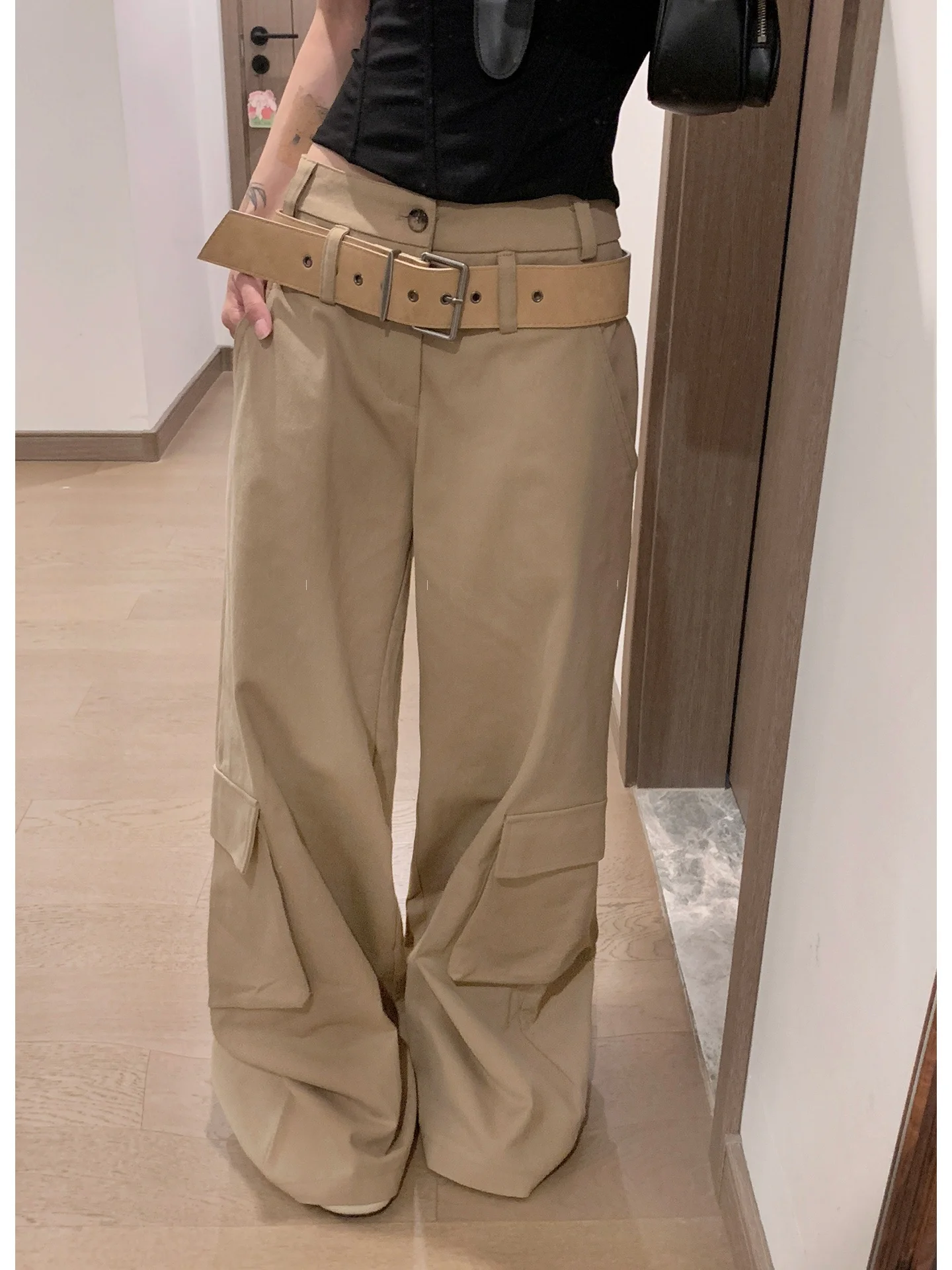 

LILI Miss Pure Cotton High Waist Khaki Straight Leg Pocket Work Trousers Fashionable Sample Women's Casual Pants
