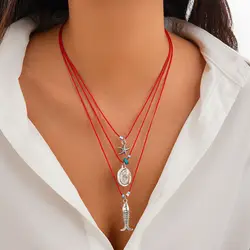 KunJoe 3Pcs/Set Ethnic Adjustable Red Rope Chain Necklace for Women Vintage Large Starfish Fish Pendant Necklace Daily Jewelry