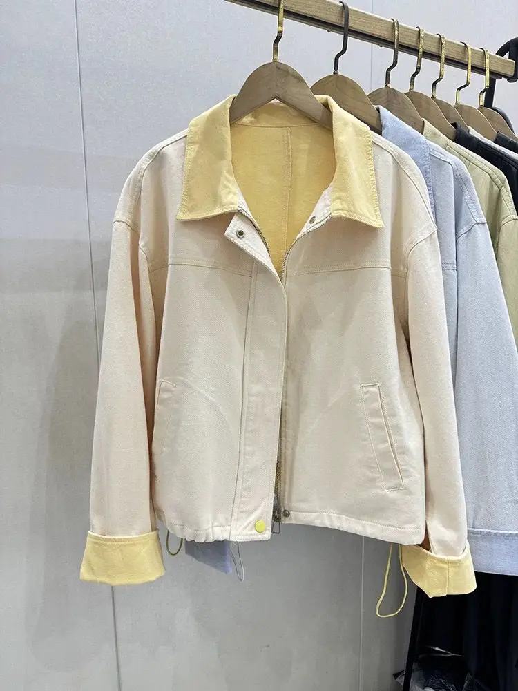 Advanced sense super good-looking Korean casual denim jacket women's spring travel unique beautiful lapel jacket top