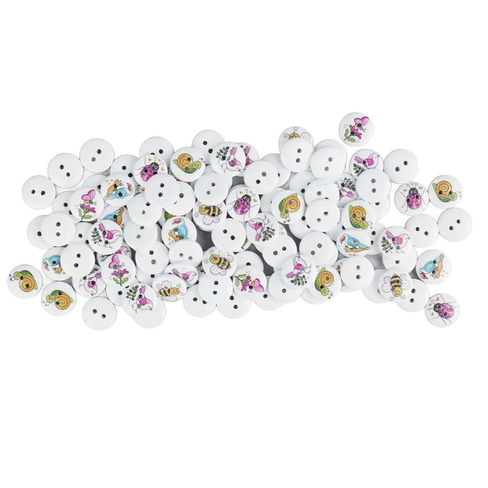 100pcs Cartoon 0.6 Inch Wooden Buttons Mixed Printed 2 Holes Decorative Buttons Round Buttons For DIY Crafts