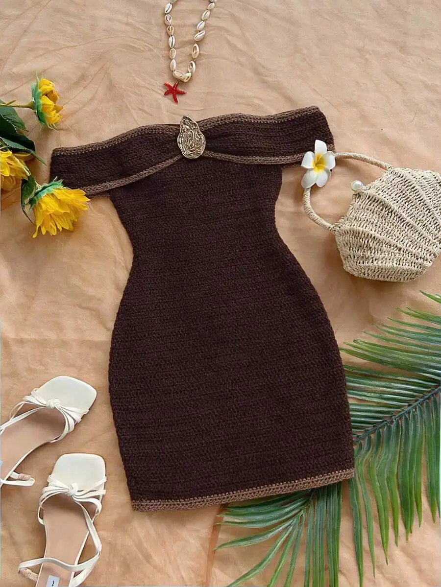 

Brown Off Shoulder Sleeveless Knitted Mini Dress With Metal Decor Beach Vacation Party Summer