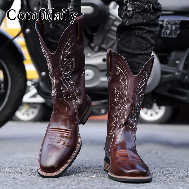 

Men High Boots Embroidery Retro Handmade Mens Boots Western Cowboy Boot Pointed Toe Boots Hand Stitching Outdoor Men's Shoes