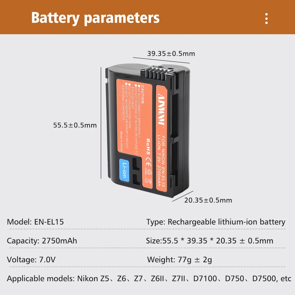 2750mAh EN-EL15C EL15C EN EL15 แบตเตอรี่ + LED Dual Charger สําหรับ Nikon Z5, Z6, Z6 II, Z7, Z7II D780, D850, D7500, D500, D600