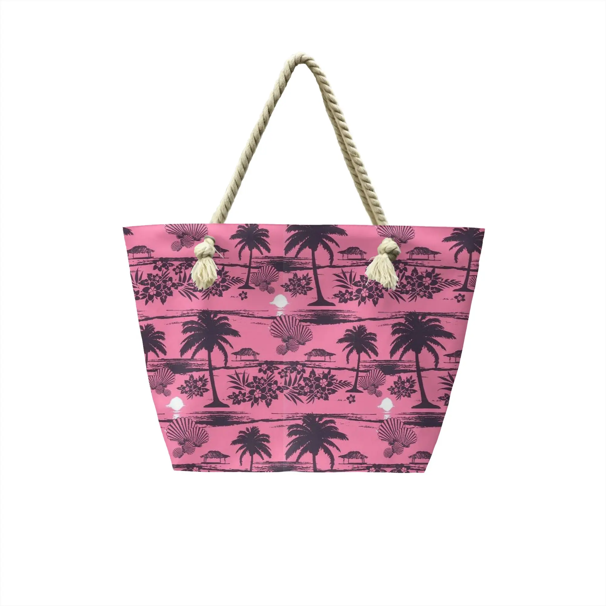 Fashion  Pink Sea Coconut Tree Hawaiian Beach Shopping Tote Bag Reusable  Canvas Groceries Shopper Shoulder Bag