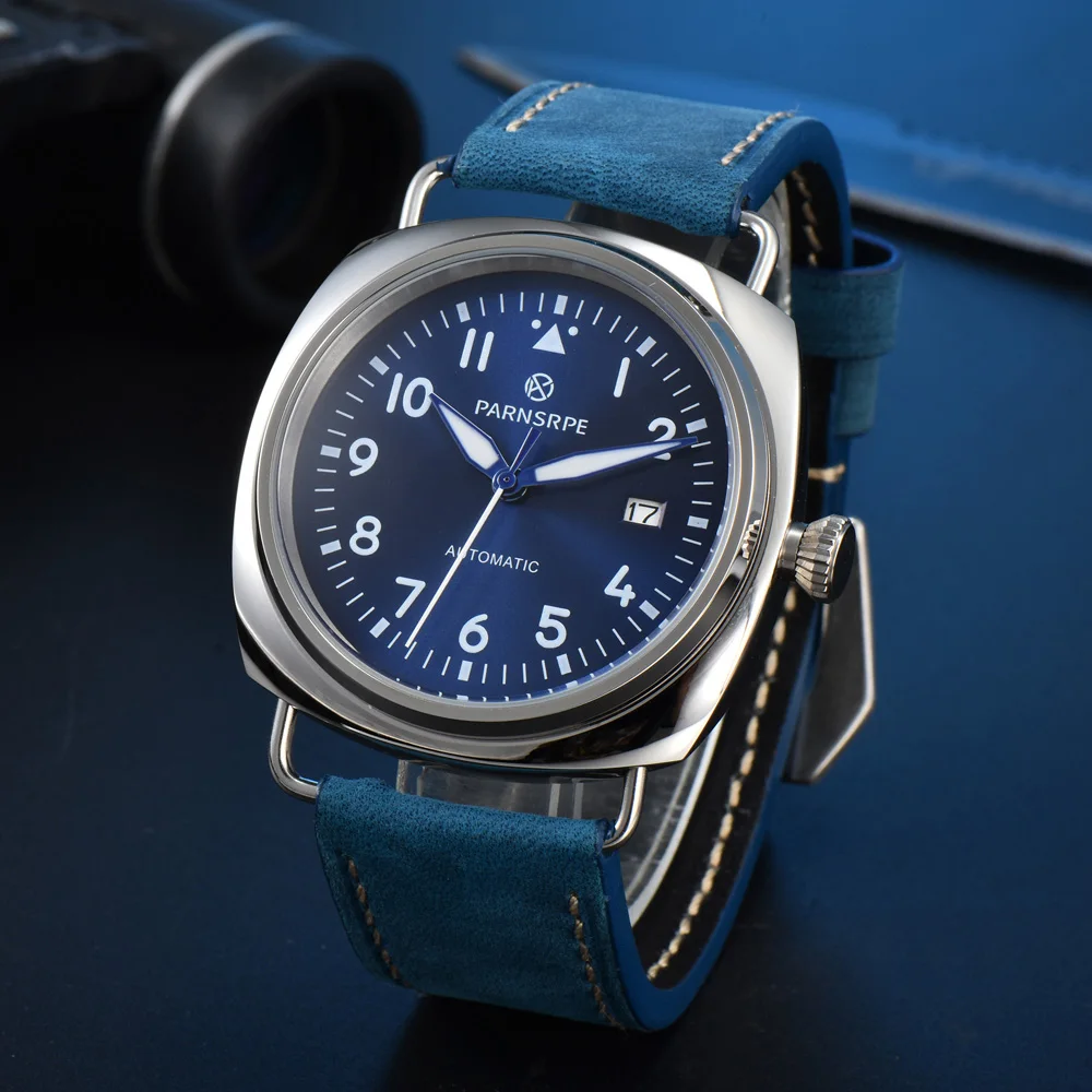 45 مللي متر ساعة رجالية ريترو إيطالية 9 ألوان NH35/6497 Move 316L الفولاذ المقاوم للصدأ الأخضر لوم دليل لف ساعة جلدية