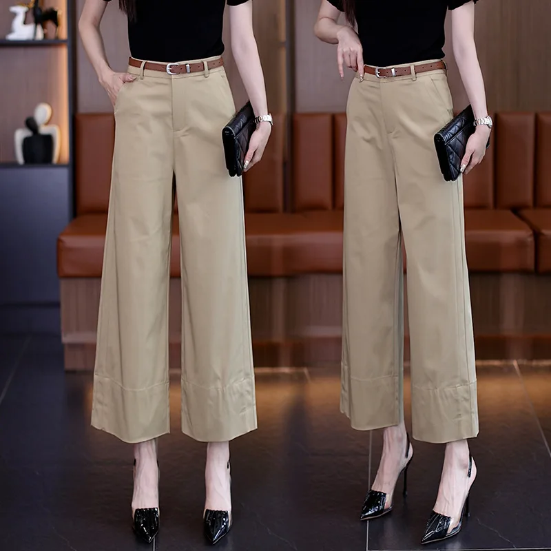 سراويل نسائية قطنية صيفية متعددة الاستخدامات فضفاضة ثنيات مستقيمة الساق سراويل غير رسمية تسع نقاط