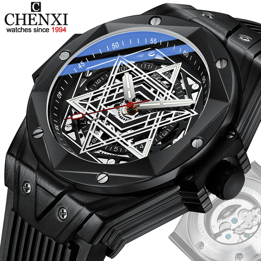 Fashion Chenxi Men Top Brand Luxury Waterproof Automatic Machinery Sport Date Business Tourbillon Silicone prismatic rivet Watch