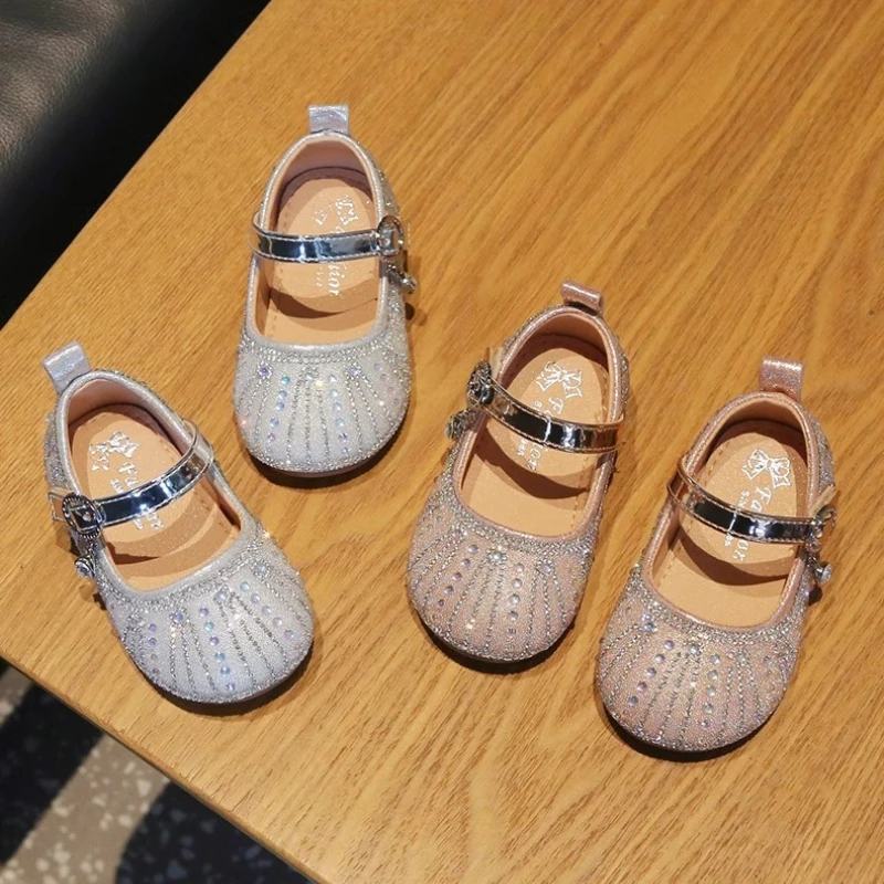 Toddler Girls Fashion Princess Crystal Flats Pink Full Rhinestone Mary Jane Strap Party Wedding Footwear Baby Shoes Boy 15-25