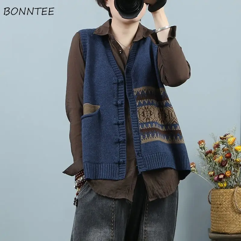 Sweater Vest Women Patchwork Folk Style Simple Retro Fashion Loose All-match Elegant Ins Cozy Pockets Casual Ulzzang New Daily