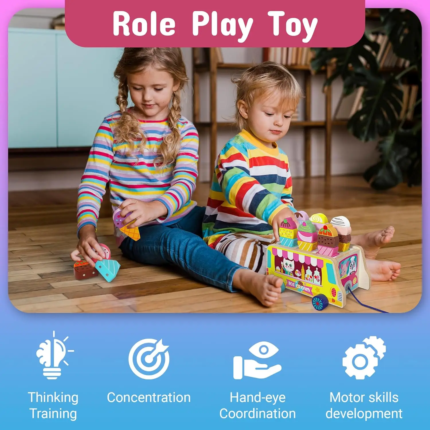 28 pièces friandises magnétiques pour crème glacée, jeu de simulation, camion de crème glacée en bois, nourriture et accessoires, jouets empilables de tri Montessori