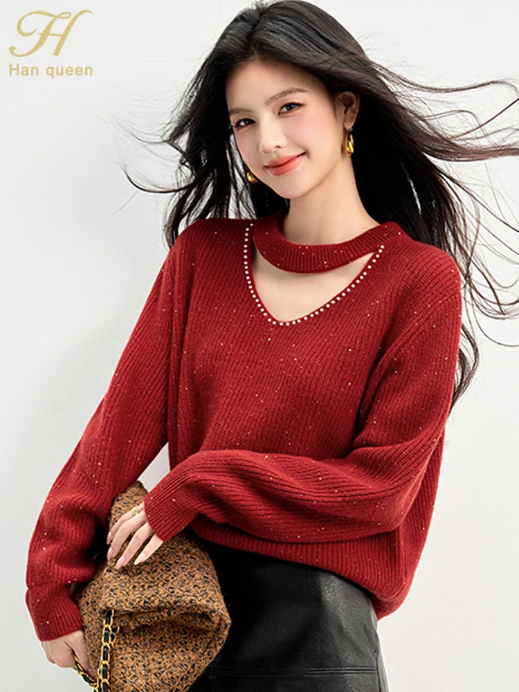 

H Han Queen Elegant Long Sleeve Red Christmas Sweater Pullovers Simple Office Women's Clothing Korean Reviews Many Clothes 2025