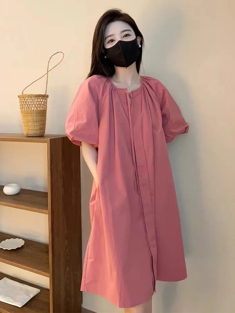 

ROUJE KEFSS Summer Casual Loose Women's Dress Bubble Sleeve High Waist A-Line Skirt Short Sleeve round Neck Mid-Length Dress