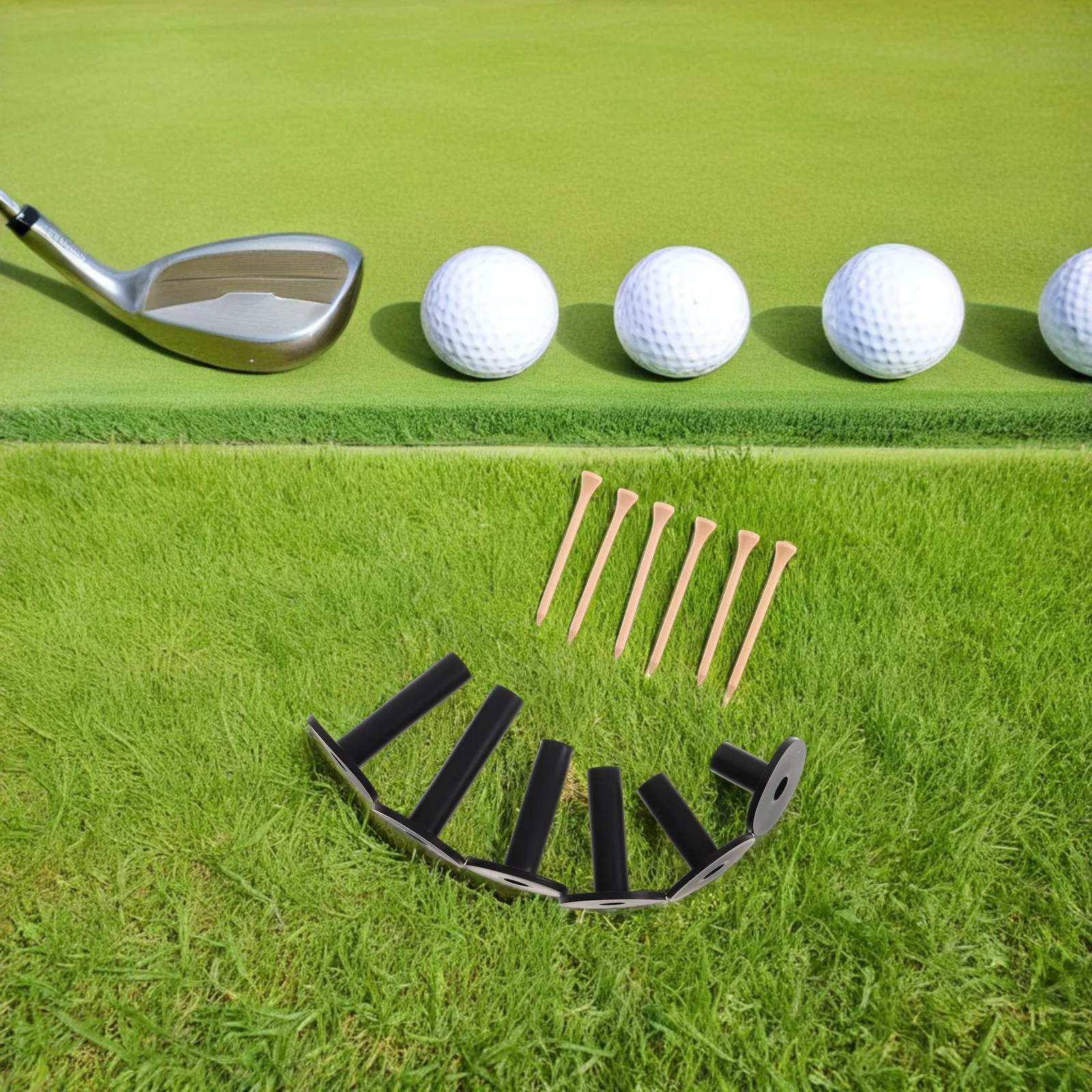 

6Pcs Rubber Golf Tees Black Holder Wood Nails Durable Driving Range Practice Mat Tees Golf Training Equipment Unbreakable Pegs